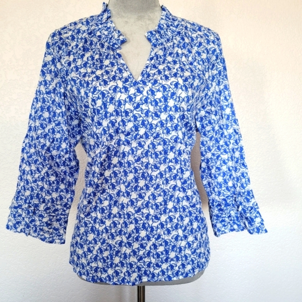 Ruffle V Neck Bell Sleeve Floral Top XLP Charter Club